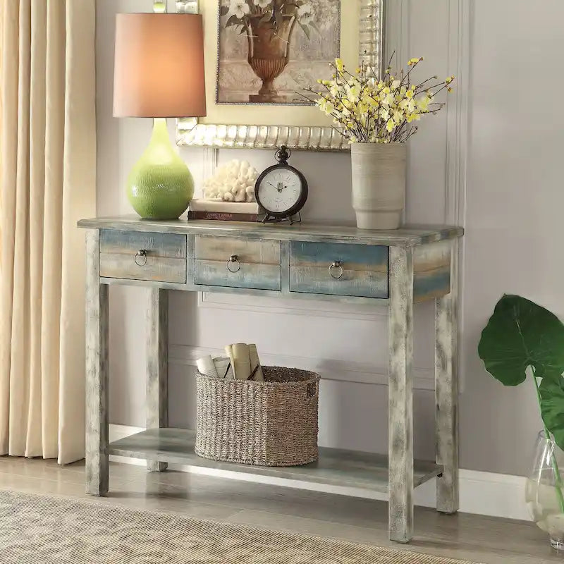 Antique Grey and Teal 3-Drawer Console Table