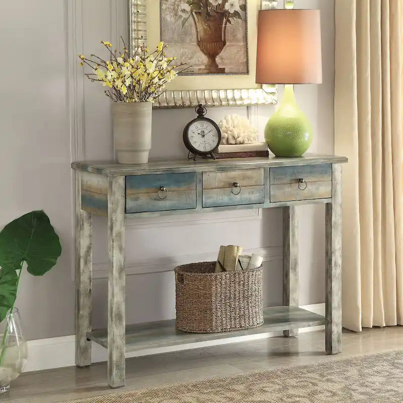 Antique Grey and Teal 3-Drawer Console Table