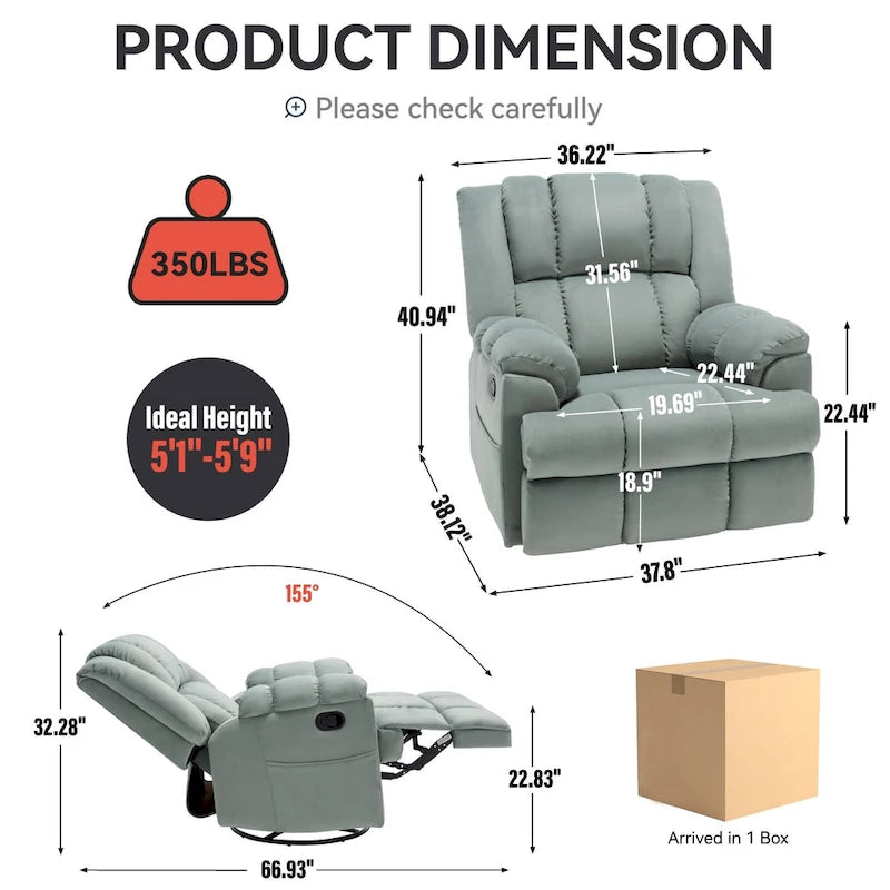 Fabric Recliner Chair with 360-Degree Swivel and Rocking Base
