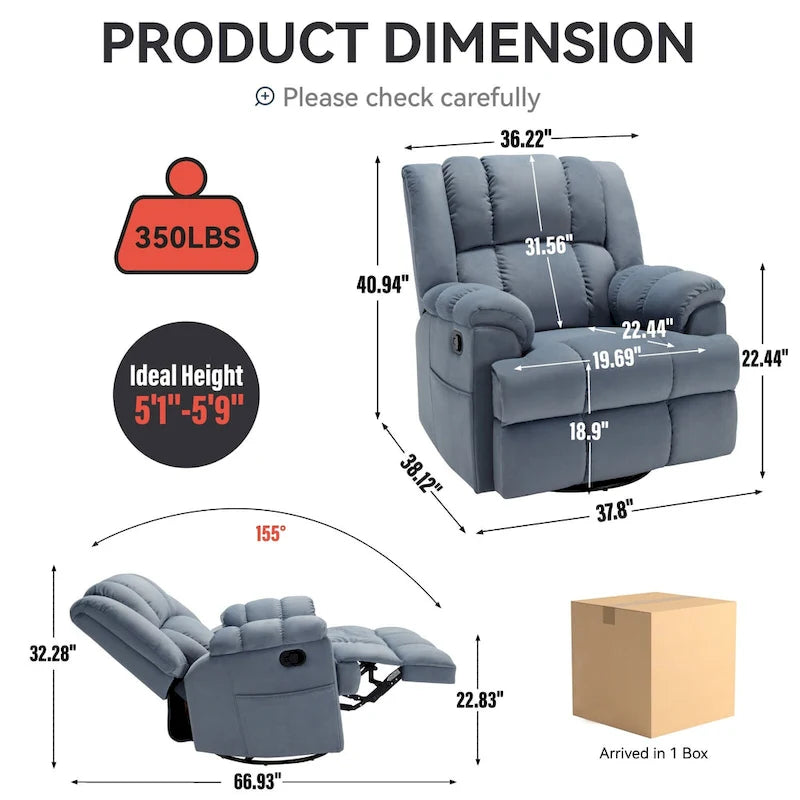 Fabric Recliner Chair with 360-Degree Swivel and Rocking Base
