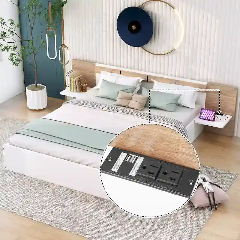 Queen Size Platform Bed with Storage Headboard, Drawers, USB Ports and Outlets
