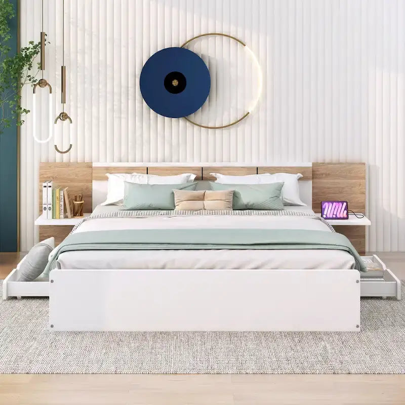 Queen Size Platform Bed with Storage Headboard, Drawers, USB Ports and Outlets