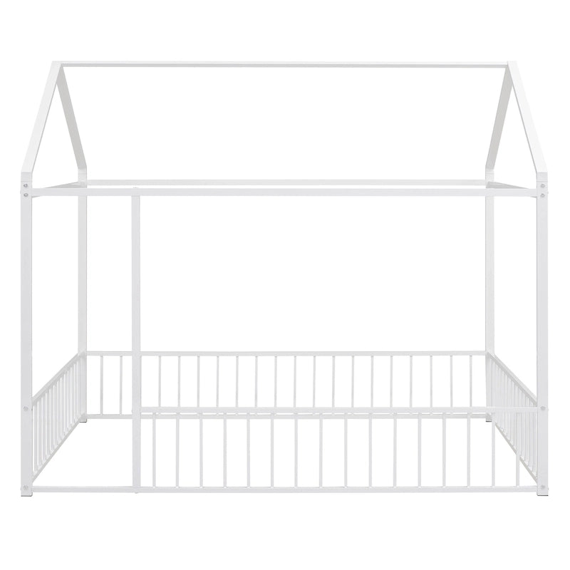 Full Size Metal House Bed Frame with Fence for Kids