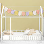 Full Size Metal House Bed Frame with Fence for Kids