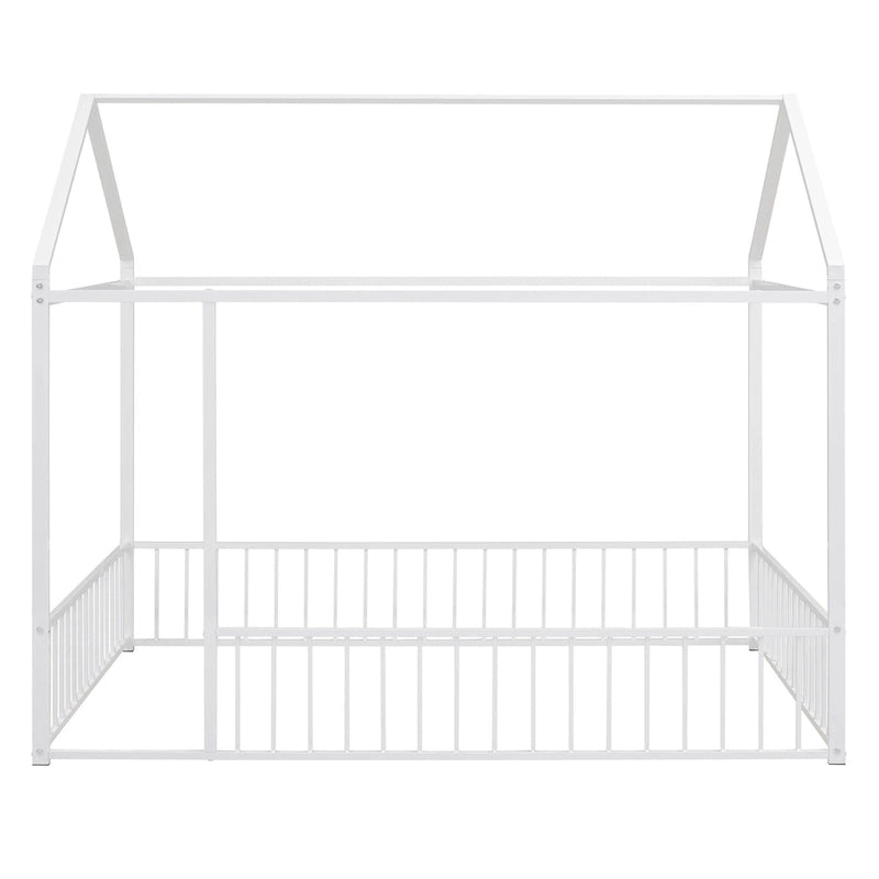Full Size Metal House Bed Frame with Fence for Kids
