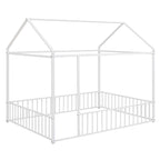 Full Size Metal House Bed Frame with Fence for Kids