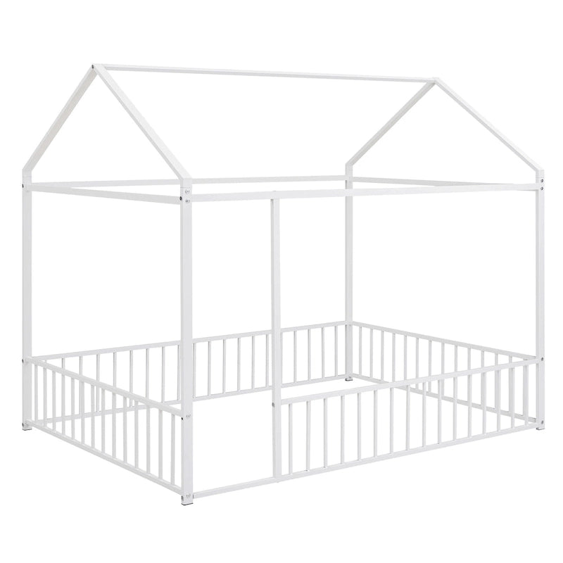 Full Size Metal House Bed Frame with Fence for Kids