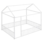 Full Size Metal House Bed Frame with Fence for Kids