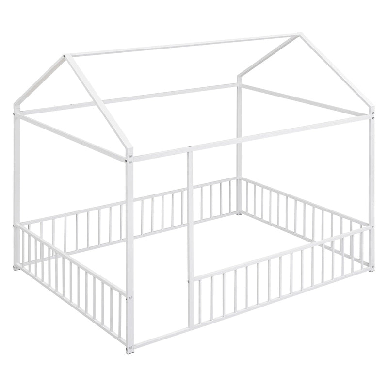Full Size Metal House Bed Frame with Fence for Kids