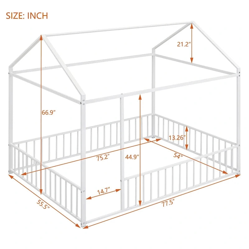 Full Size Metal House Bed Frame with Fence for Kids