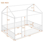 Full Size Metal House Bed Frame with Fence for Kids