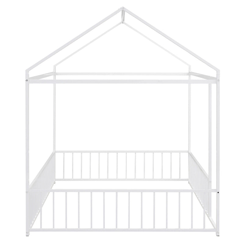 Full Size Metal House Bed Frame with Fence for Kids