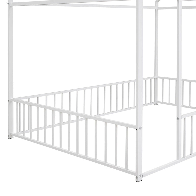 Full Size Metal House Bed Frame with Fence for Kids