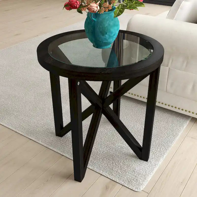 Glass-Top Table with Wood Base