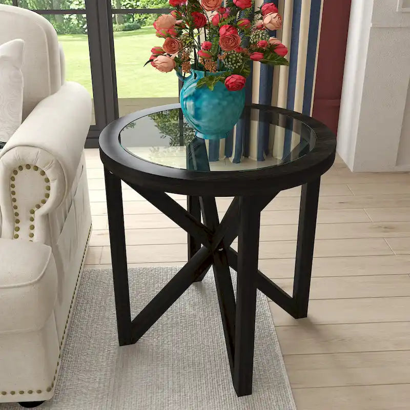 Glass-Top Table with Wood Base