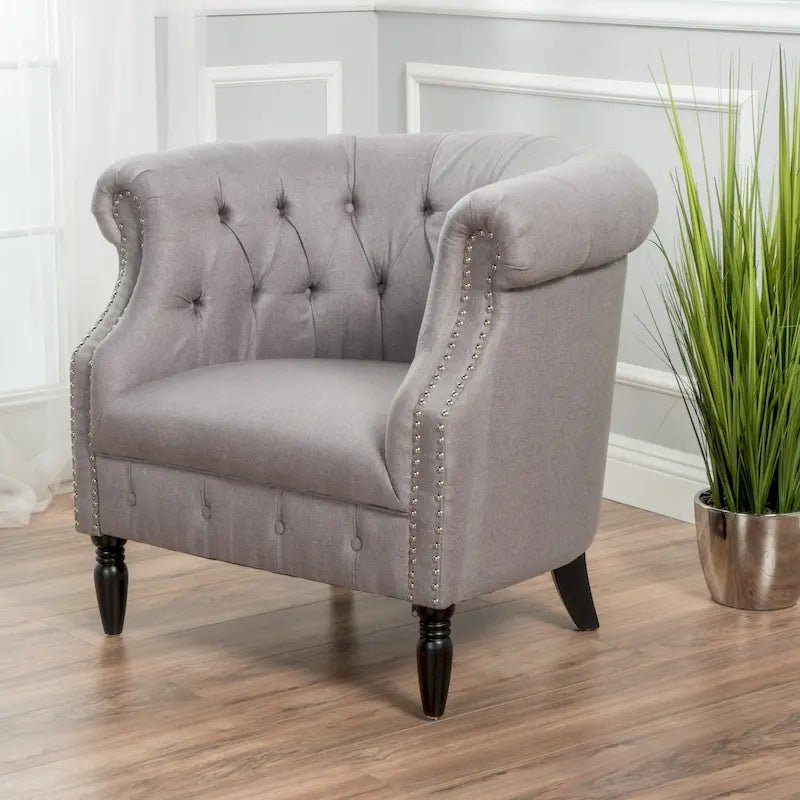 Tufted Fabric Club Chair with Studded Arms