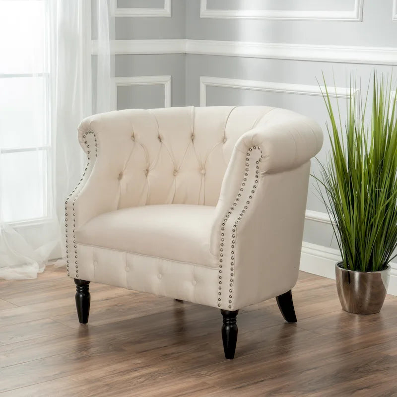Tufted Fabric Club Chair with Studded Arms