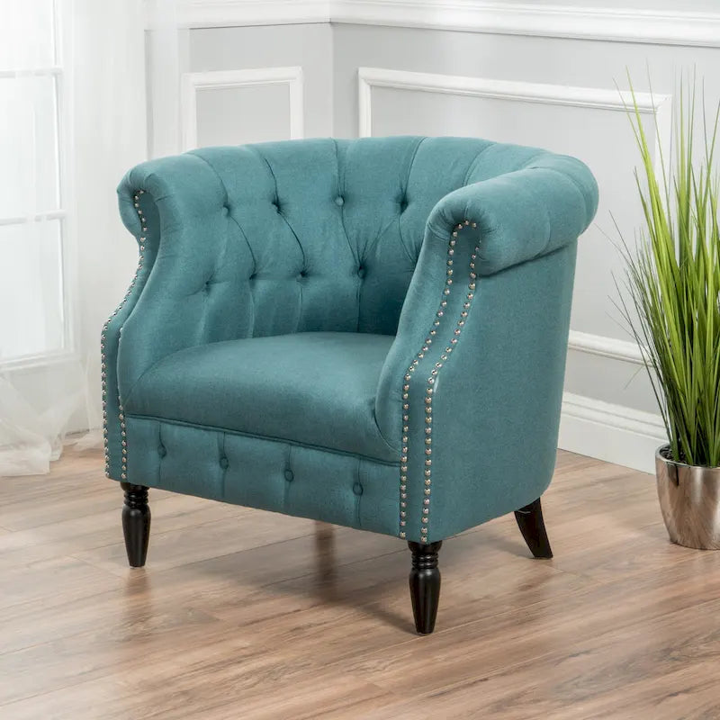 Tufted Fabric Club Chair with Studded Arms