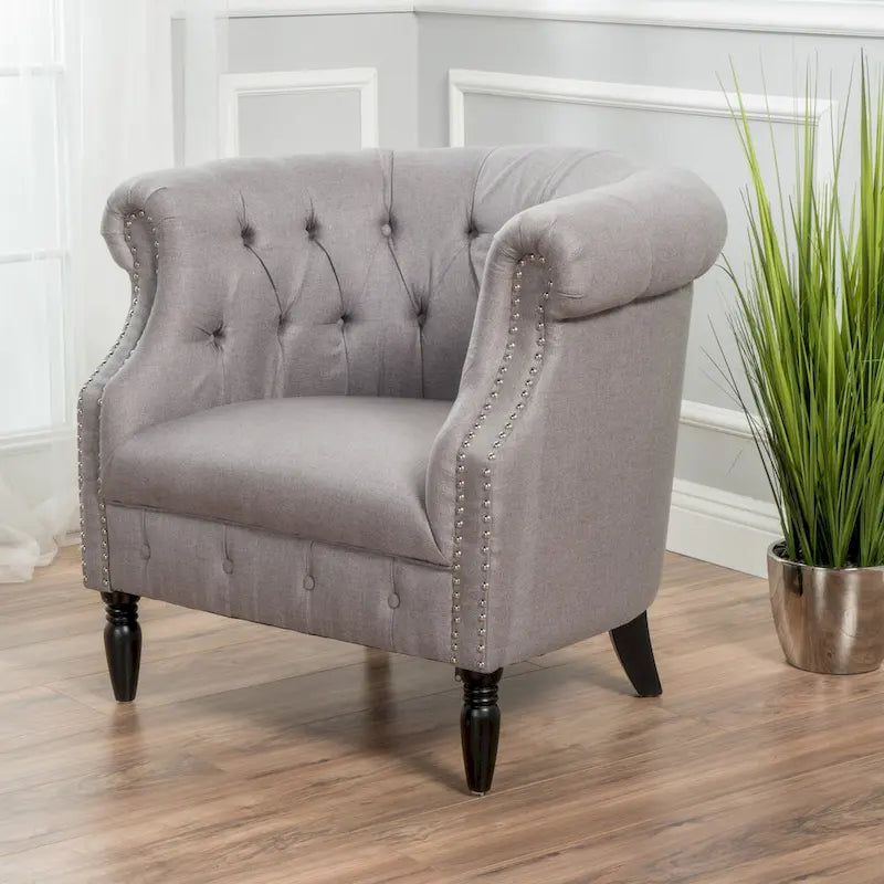 Tufted Fabric Club Chair with Studded Arms