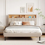Upholstered Platform Bed with Storage Headboard and USB Ports