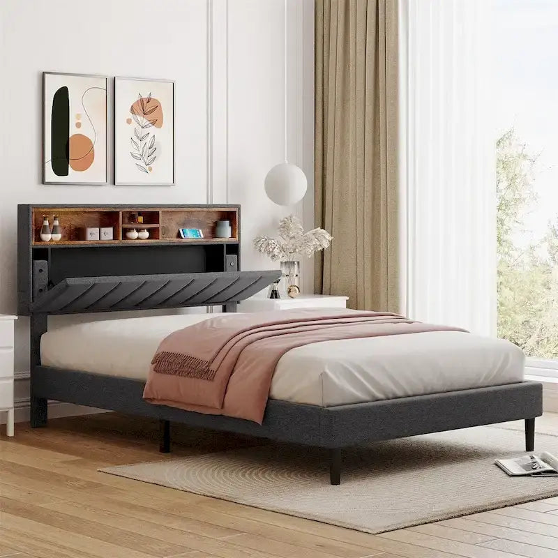 Upholstered Platform Bed with Storage Headboard and USB Ports