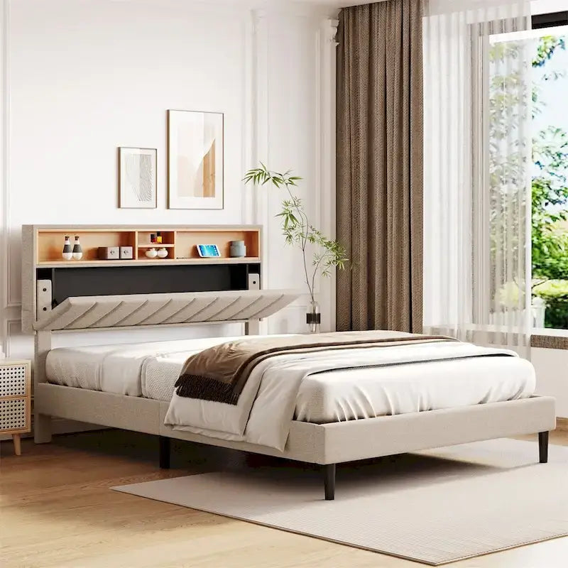 Upholstered Platform Bed with Storage Headboard and USB Ports