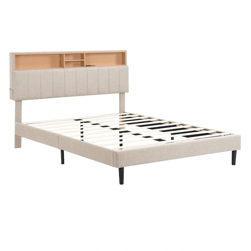 Upholstered Platform Bed with Storage Headboard and USB Ports