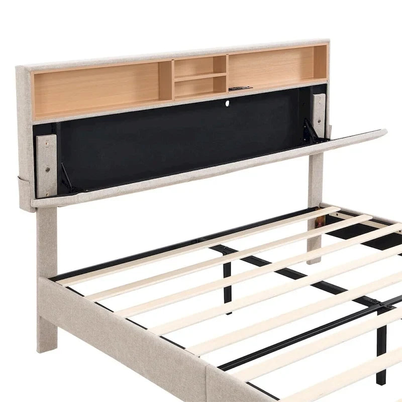 Upholstered Platform Bed with Storage Headboard and USB Ports