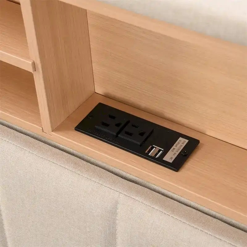Upholstered Platform Bed with Storage Headboard and USB Ports