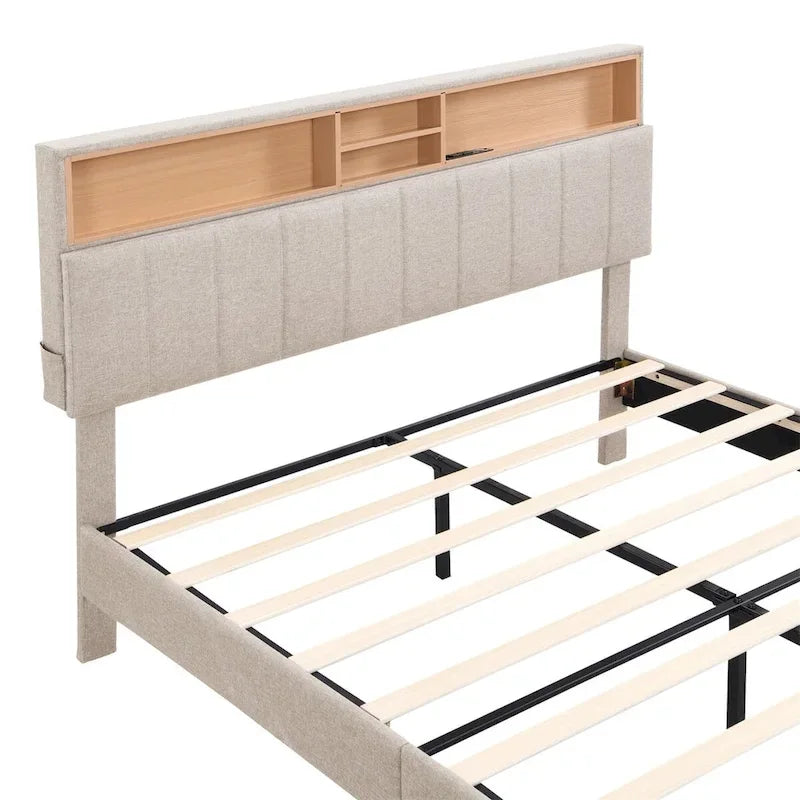 Upholstered Platform Bed with Storage Headboard and USB Ports