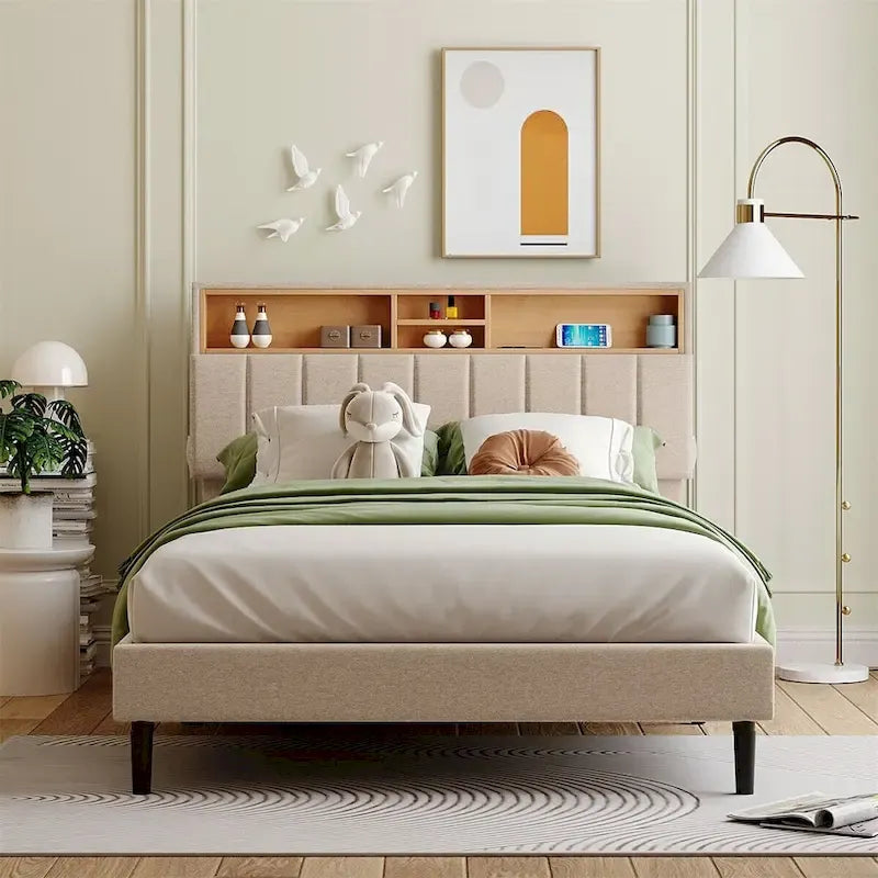 Upholstered Platform Bed with Storage Headboard and USB Ports