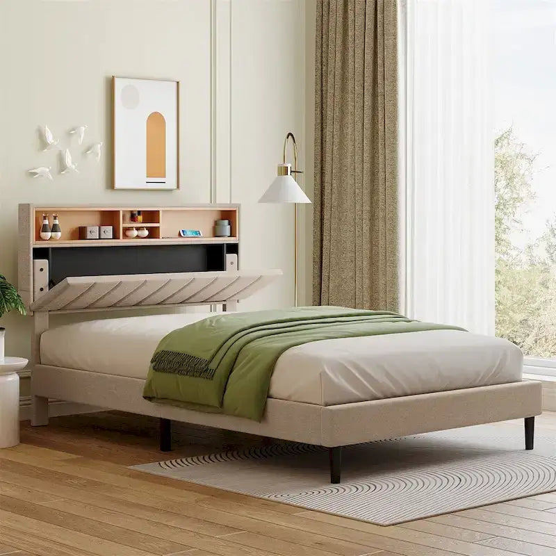 Upholstered Platform Bed with Storage Headboard and USB Ports