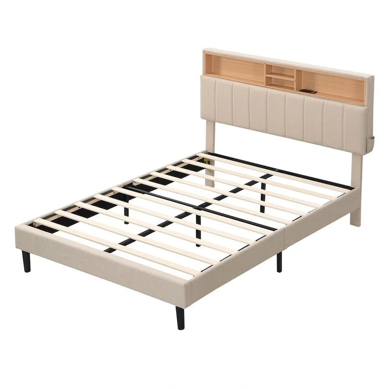Upholstered Platform Bed with Storage Headboard and USB Ports