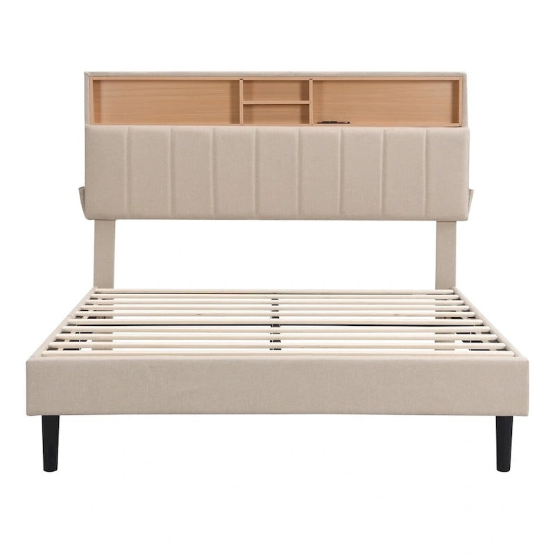 Upholstered Platform Bed with Storage Headboard and USB Ports