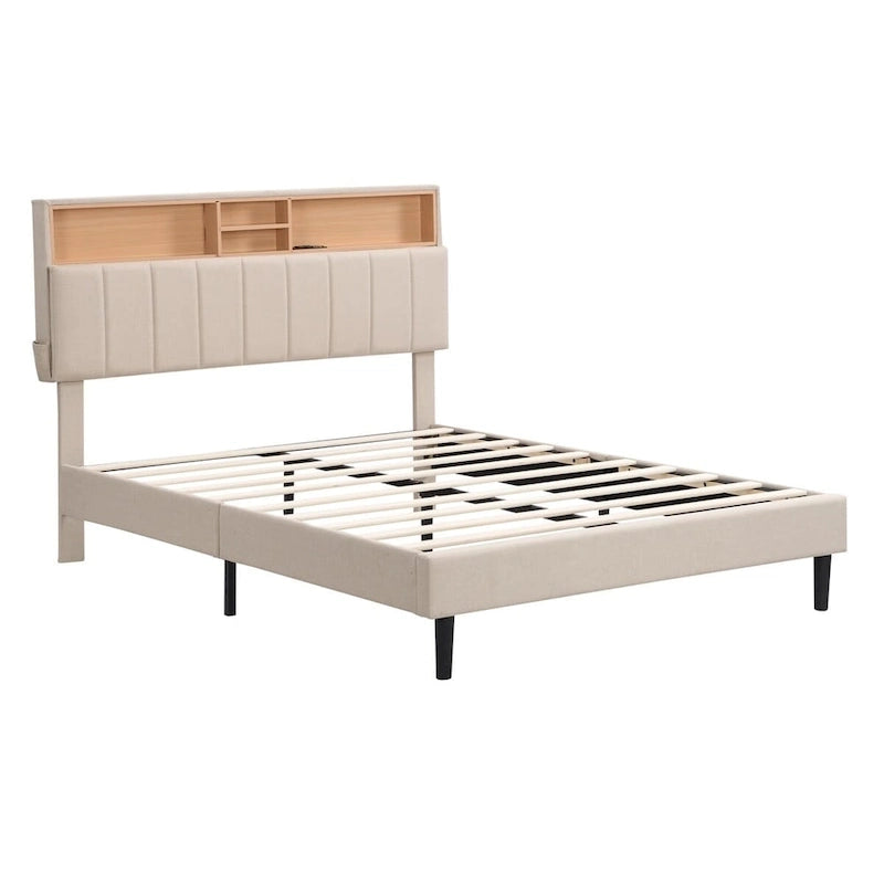 Upholstered Platform Bed with Storage Headboard and USB Ports