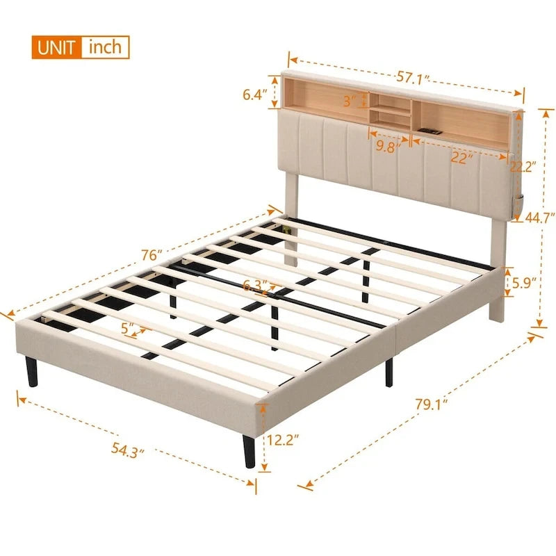 Upholstered Platform Bed with Storage Headboard and USB Ports