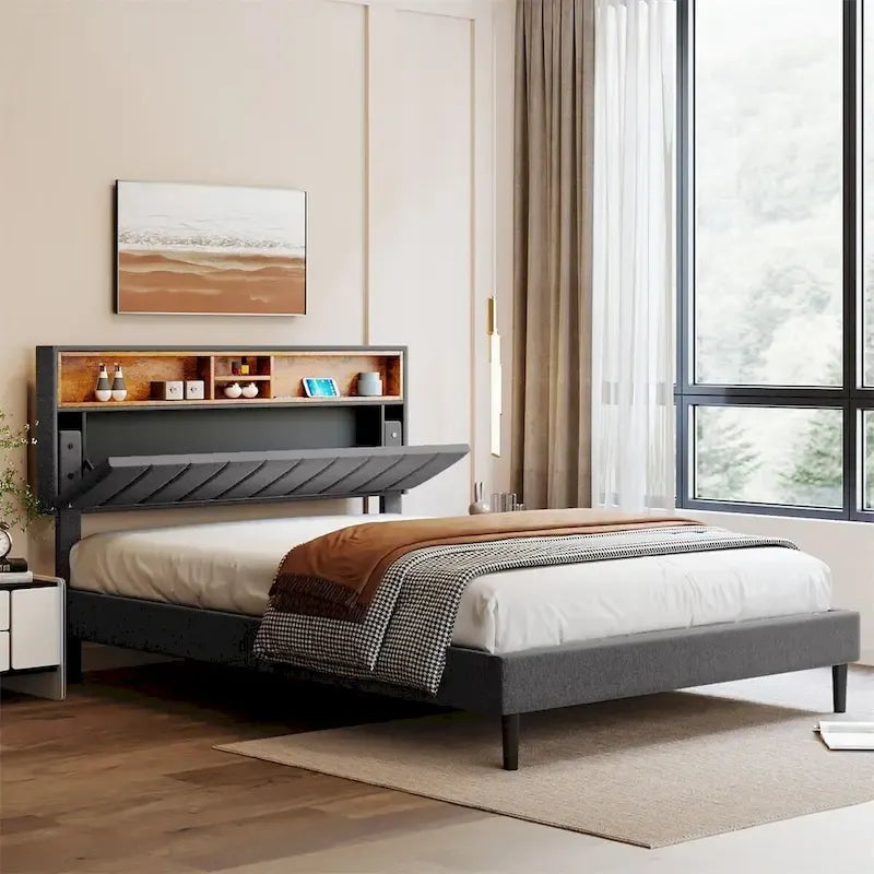 Upholstered Platform Bed with Storage Headboard and USB Ports