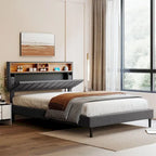 Upholstered Platform Bed with Storage Headboard and USB Ports