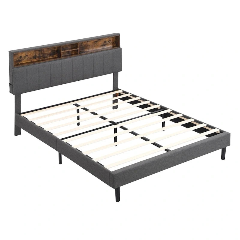 Upholstered Platform Bed with Storage Headboard and USB Ports