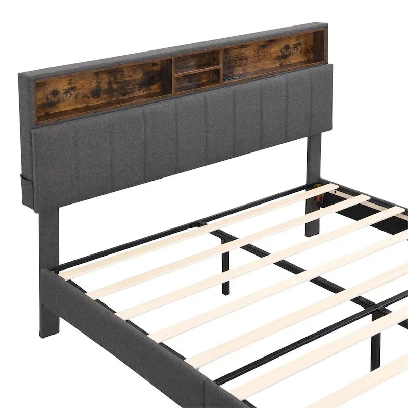 Upholstered Platform Bed with Storage Headboard and USB Ports