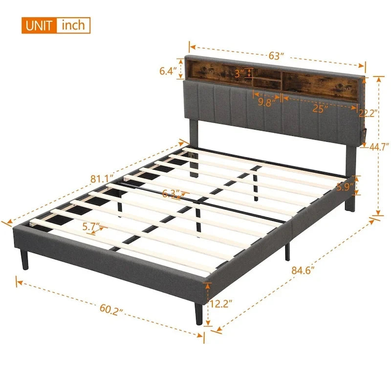 Upholstered Platform Bed with Storage Headboard and USB Ports