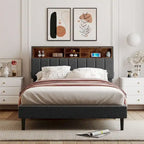 Upholstered Platform Bed with Storage Headboard and USB Ports