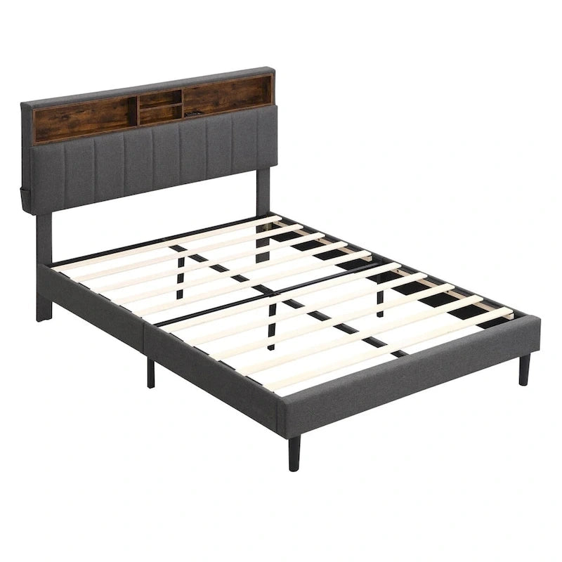 Upholstered Platform Bed with Storage Headboard and USB Ports