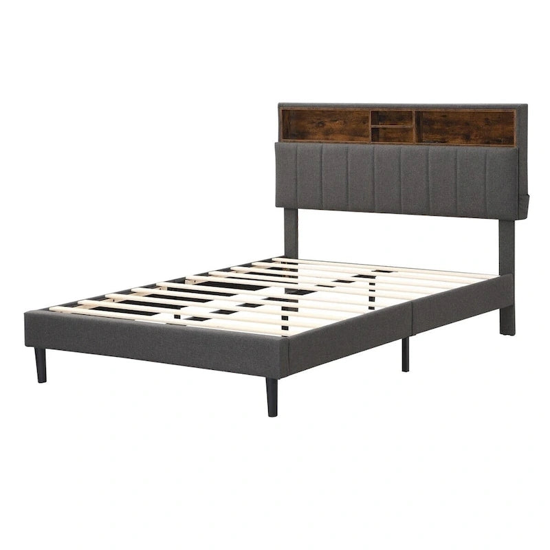 Upholstered Platform Bed with Storage Headboard and USB Ports
