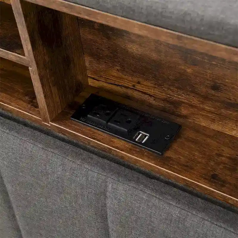 Upholstered Platform Bed with Storage Headboard and USB Ports