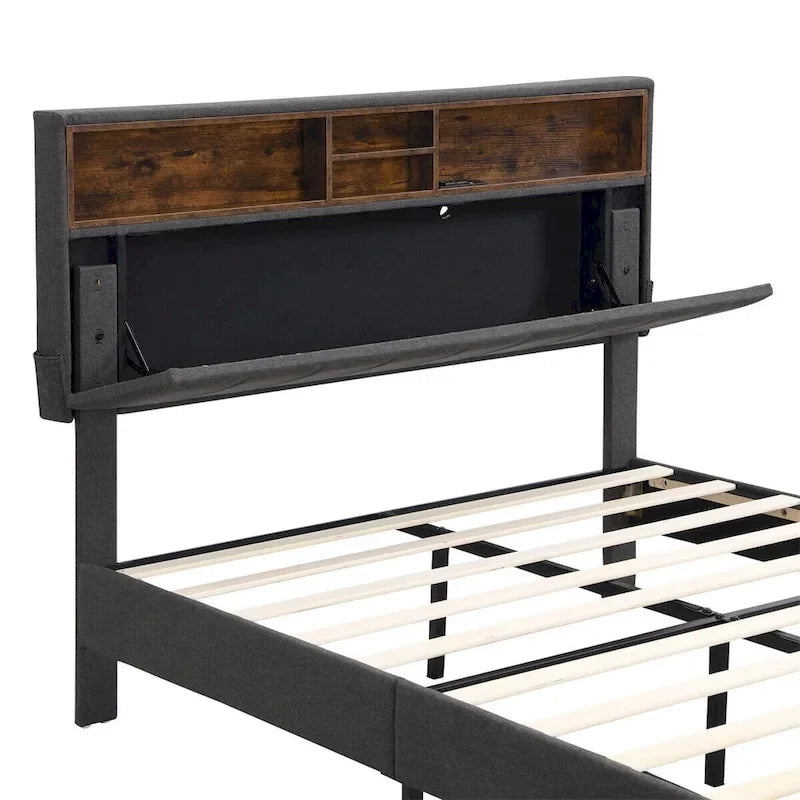 Upholstered Platform Bed with Storage Headboard and USB Ports