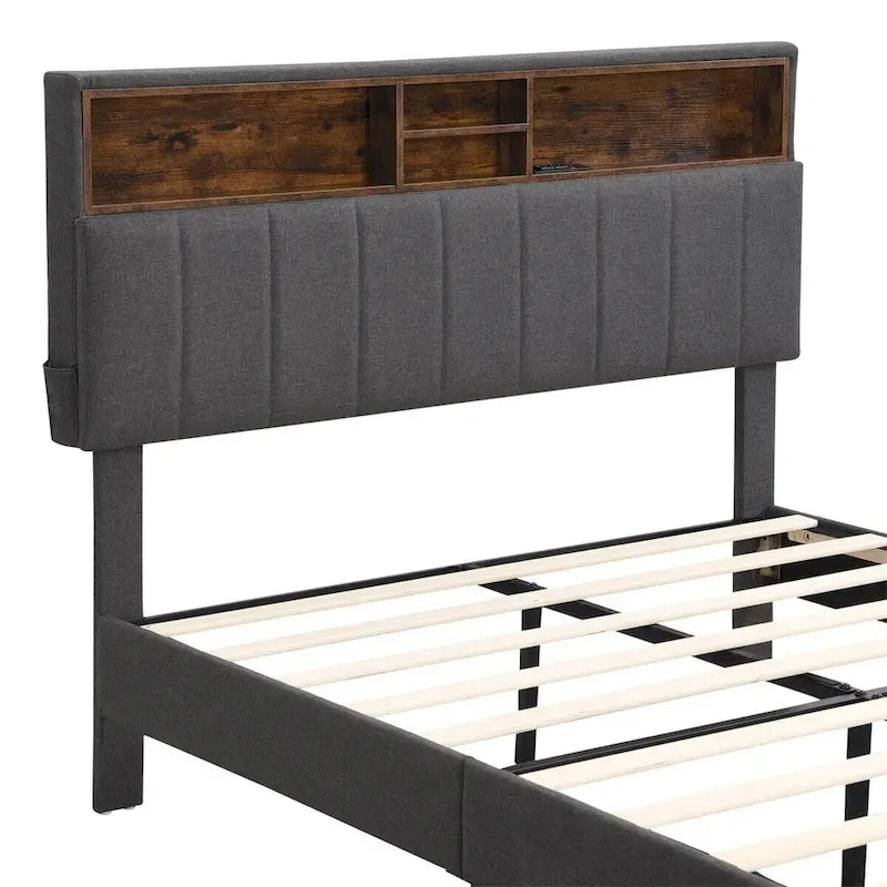 Upholstered Platform Bed with Storage Headboard and USB Ports