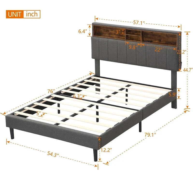 Upholstered Platform Bed with Storage Headboard and USB Ports