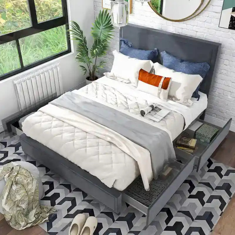 Upholstered Platform Bed with Four Underbed Drawers