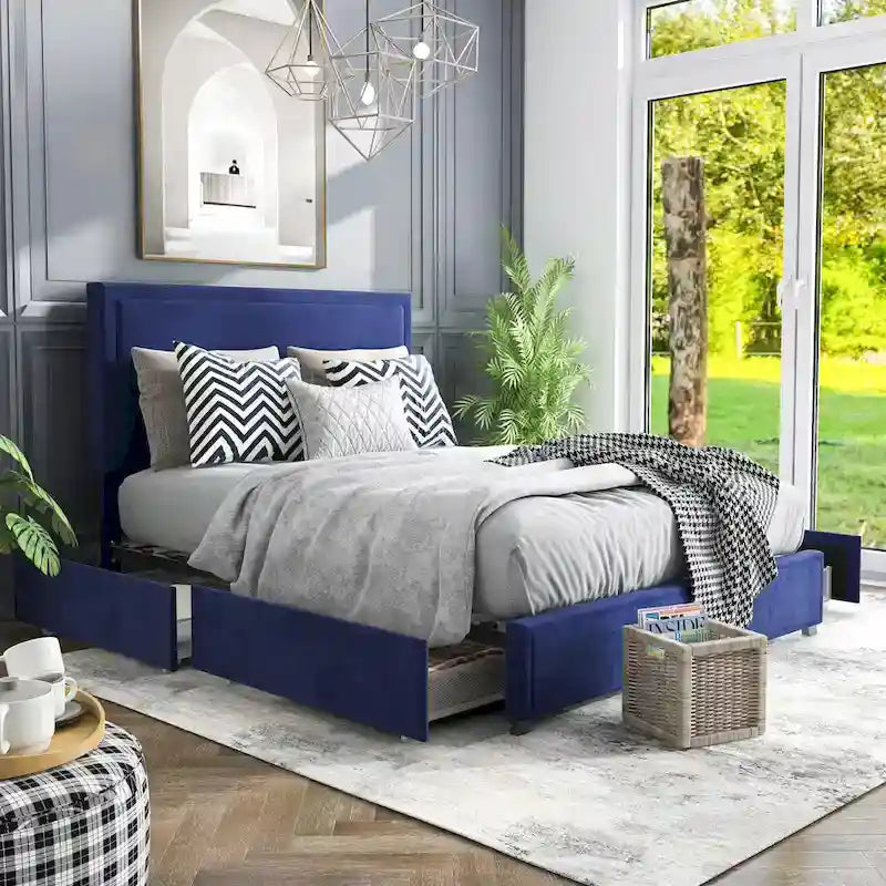 Upholstered Platform Bed with Four Underbed Drawers